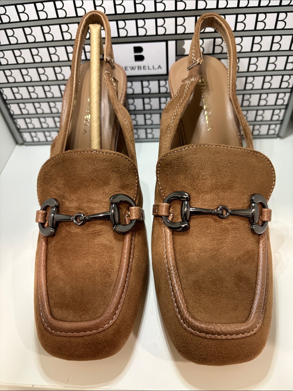 Newbella Suede Slingback Heels in Brown with Horsebit Detail